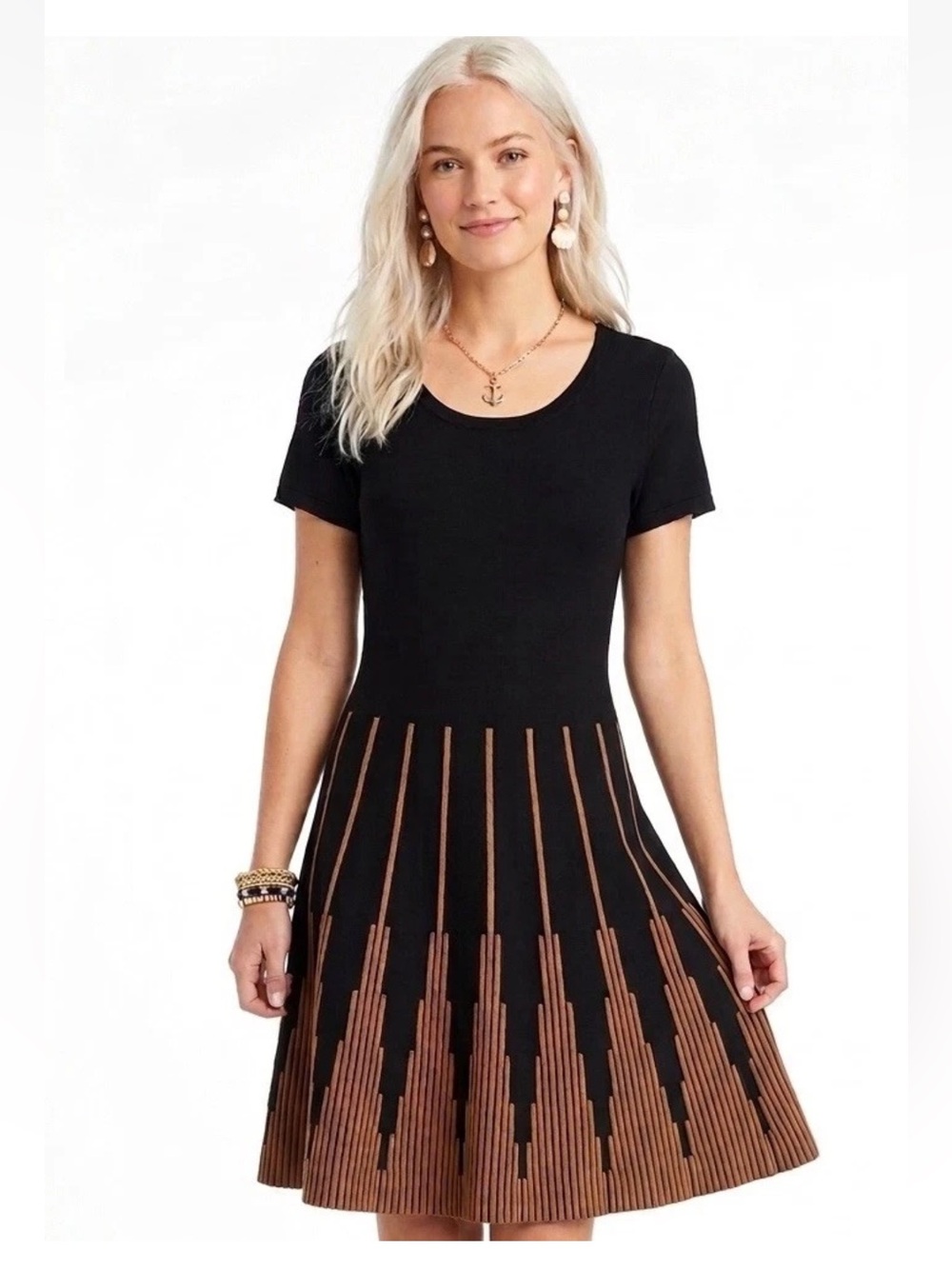 Peruvian Connection Medium Pima Cotton Fit Flare Dress Black Brown Knit Pleated